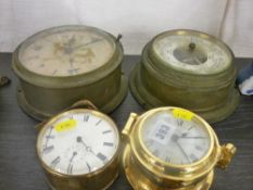 Three various brass cased clocks and a barometer