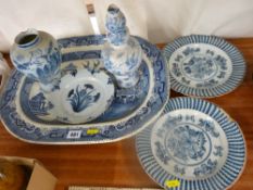 Two Delft ware blue and white vases and three various plates (damages and losses) and a Willow