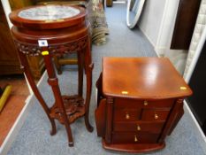 Modern Oriental hardwood jardiniere stand and a mahogany effect magazine cabinet with five drawers