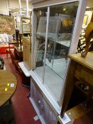 Ultra modern lime washed glass topped corner display cabinet with two drawer and cupboard base