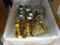 Pair of oval based brass candleholders, a brass inkwell and sundry pewter teaware and tankards etc
