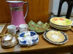Parcel of mixed china and pottery including a pink toilet jug, large leaf dish and four matching