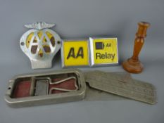 Three vintage AA badges and a Rolls razor