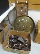 A brass Benares tea tray & stand, a folding carved cake stand together with a box of carved native