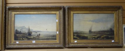 Nineteenth century British School oil on canvas, a pair of coastal scenes with figures & ships, 34 x