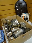 A box of pewter mugs, a bagatelle board ETC Condition reports are provided on request by email