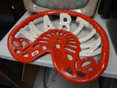 A vintage red & white painted metal Martin Stamford tractor seat Condition reports are provided on