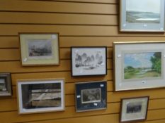 Sundry framed pictures including watercolour of marshland, topographical print of Dundee ETC
