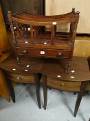 A pair of modern bow front bedside tables & an antique Canterbury with single drawer Condition