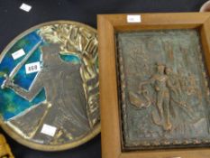 An antique copper plaque representing an Arthurian narrative together with a circular Overtone