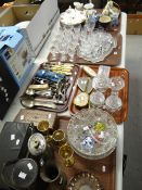 Five trays of items including glassware, loose cutlery, Royal Albert 'Old Country Roses' ETC