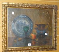 Framed oil painting - still life with a copper lustre jug and fruit in acanthus relief decorated