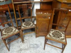 A good quality antique inlaid mahogany night cabinet with single drawer together with three inlaid