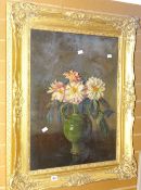 A framed oil painting of a still life of flowers in a jug, in good antique gilt frame Condition