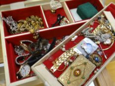 A twentieth century jewellery box & contents including watches, costume jewellery ETC Condition