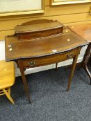 A neat antique inlaid mahogany writing desk with mounted stationery stand & tooled leather surface