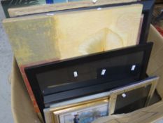 Parcel of fabric & a box of framed pictures Condition reports are provided on request by email