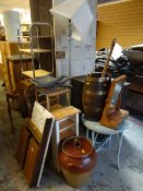 Parcel of mixed items including large pottery lidded vessel, a barrel-type umbrella stand, Loom