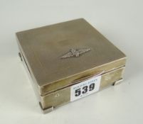 A square engine-turned silver RAF crest mounted cigarette box, Birmingham 1939 Condition reports are