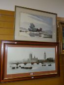 Framed print of the Thames with Houses of Parliament by KLITZ, framed watercolour of a country
