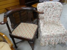 An unusual smoker's bow-type corner chair with tapestry seat & a buttoned floral upholstery spoon