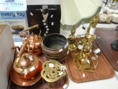 Three brass effect modern table lamps & sundry items of metalware including copper Condition reports