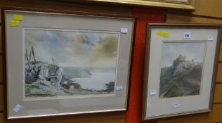 Watercolour by JOHN EDWARDS 'Near Pwll Du, Gomer' together with another watercolour, indistinctly