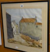 GEORGE BOYTER watercolour - fishing village with slip way & figure, signed & dated 1974 CMS TO