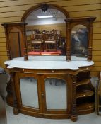 An antique marble top mirror-back sideboard having carved finial & spiral carved supports, 175cms