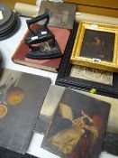 A parcel of antique items including oil paintings, pair of flat irons, an ivorine panel ETC