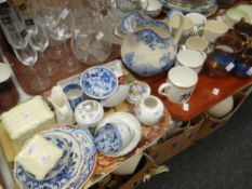 A blue & white jug, three copper lustre jugs, Wedgwood mugs & mixed tableware Condition reports