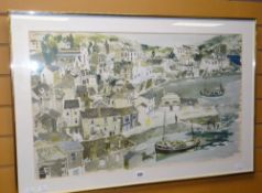 A DAVID KNIGHT print on linen of busy St Ives showing The Lugger Inn & various boats & figures