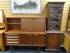 A mid-century teak sideboard together with a reproduction cupboard having glazed top section, 144cms
