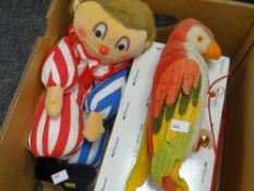 A soft toy parrot, a Merrythought soft-toy clown ETC Condition reports are provided on request by