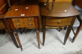 An antique drop-flap table with two end drawers on turned supports Condition reports are provided on