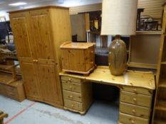 Suite of modern pine furniture including double wardrobe, dressing table, open bookcase ETC