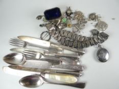 A quantity of mixed silver including flatware, jewellery, salts with Bristol blue glass liner ETC