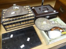 An antique porcupine quill box, a coachman's hot water bottle, a vintage metal artist's paint box, a
