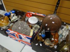 Three boxes of mixed items including pottery, glassware, brasses ETC Condition reports are