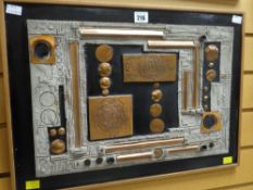 ELIZABETH LEWIS metal & pottery abstract construction on panel, 30 x 45cms Condition reports are