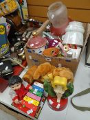 Two vintage toys & a box of pottery & glassware ETC Condition reports are provided on request by