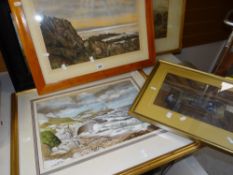 Framed pastel coastal scene, framed watercolour primitive domestic scene & a framed mixed media of