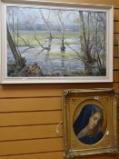 Antique framed oil on canvas of a tearful nun in an antique frame together with a late twentieth