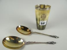 A silver rimmed horn beaker inscribed 'L&CB Rifle Association 1893, Sgt. G W Perkins...' together