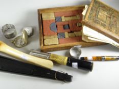 A parcel of collectables including fountain pen, Victorian German building block puzzle, vesta