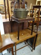 A square top table with carved frieze, a brass jam pan, a small table ETC Condition reports are