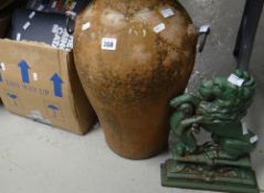 An antique painted cast iron lion doorstop, a terracotta twin-handled vase & a box of mixed