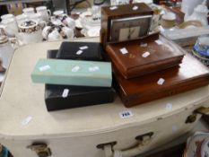 Two vintage suitcases, a vintage polished mantel clock, Masonic apron & cased cutlery ETC