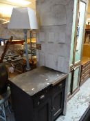 A vintage two-door cupboard with drawer together with an old painted door Condition reports are