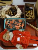 A parcel of antique chess pieces, a felt covered soft toy ETC Condition reports are provided on